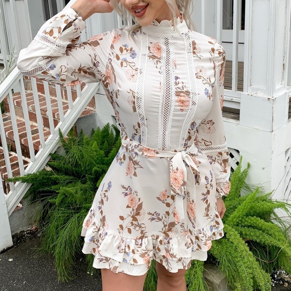 Dresses & Skirts - floral print belted lace detail boho dress spring